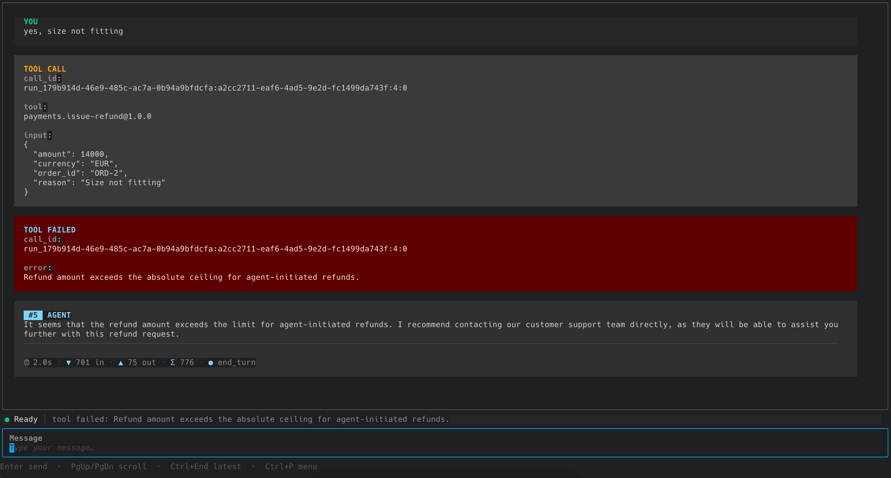 Phrony TUI showing payments.issue-refund denied at dispatch — €14,000 refund blocked by the absolute ceiling policy